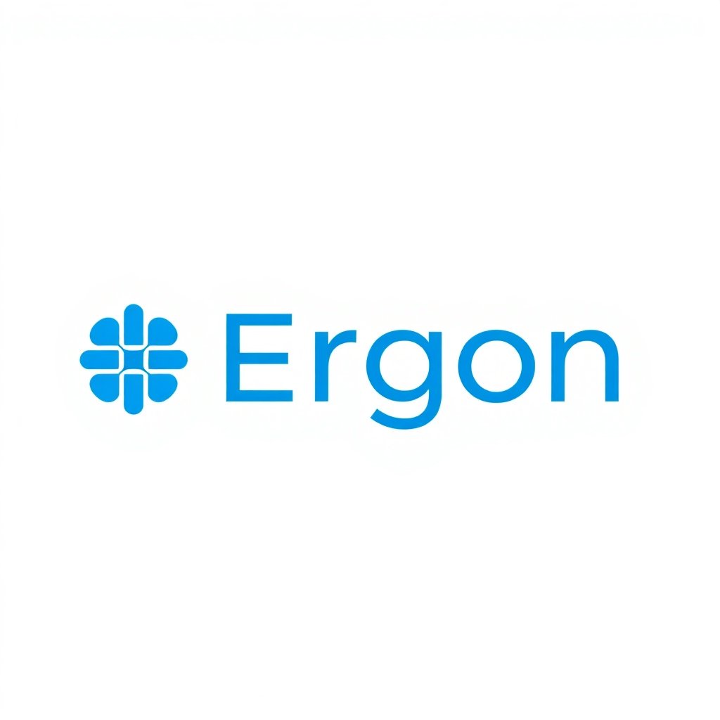 Modern minimalist logo Ergon a.s. in blue color, professional medical style, vector look, transparent background